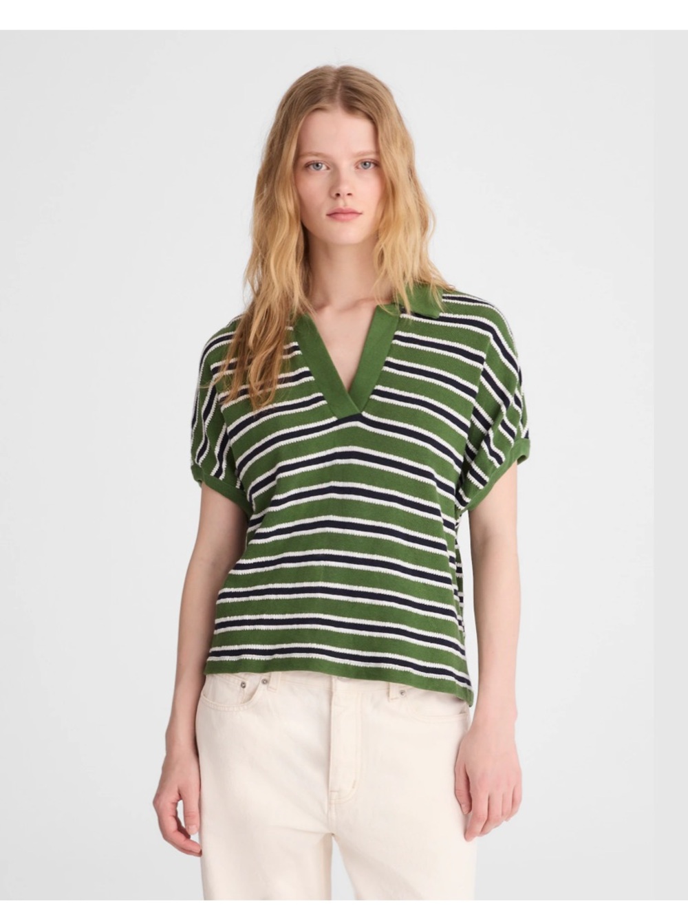 Madewell Relaxed V Neck Polo Shirt in Stripe Black and White